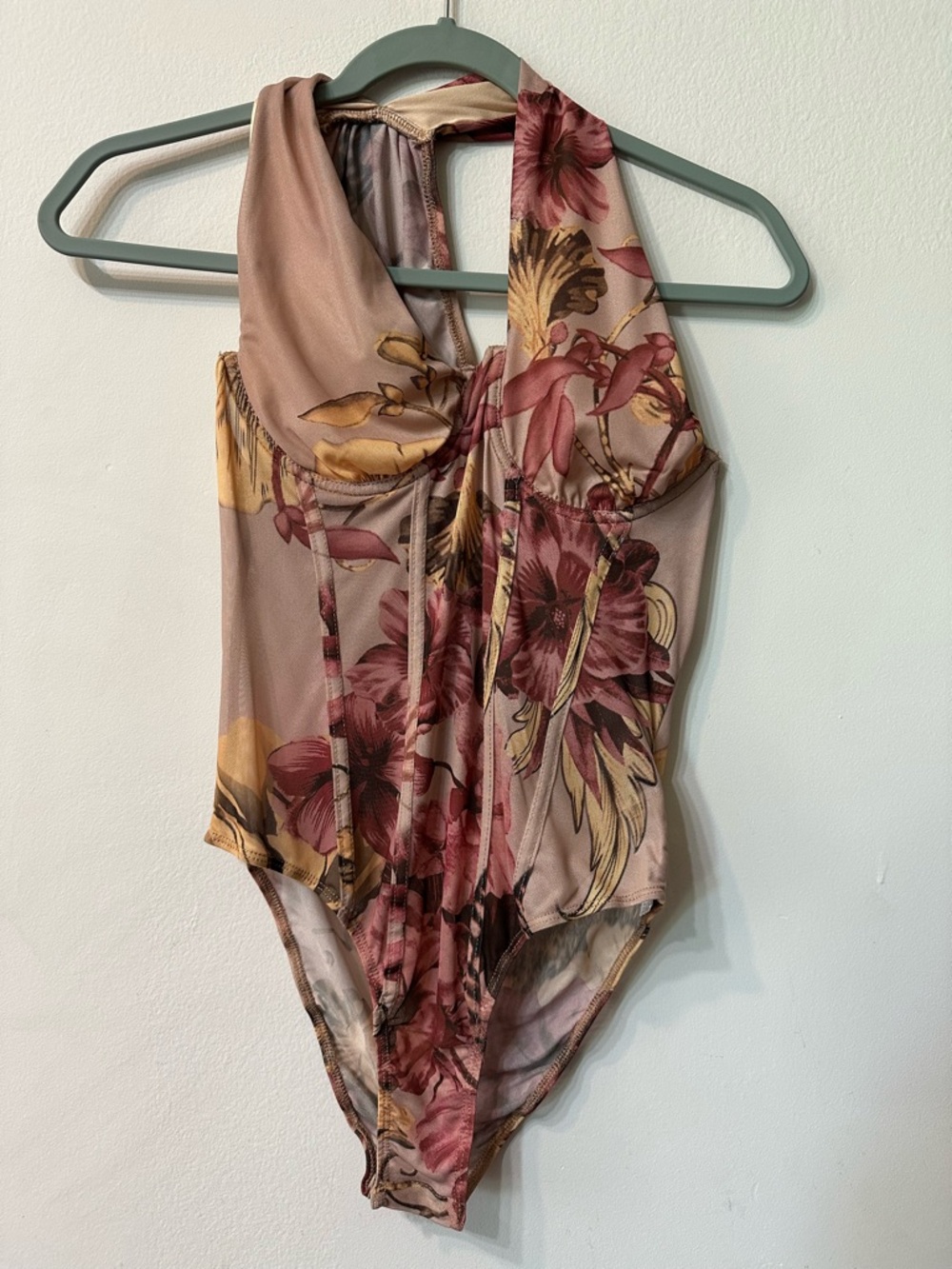 SHEIN Floral Mesh One Piece Stretch Wireless Bodysuit Beige Pink Yellow Size M